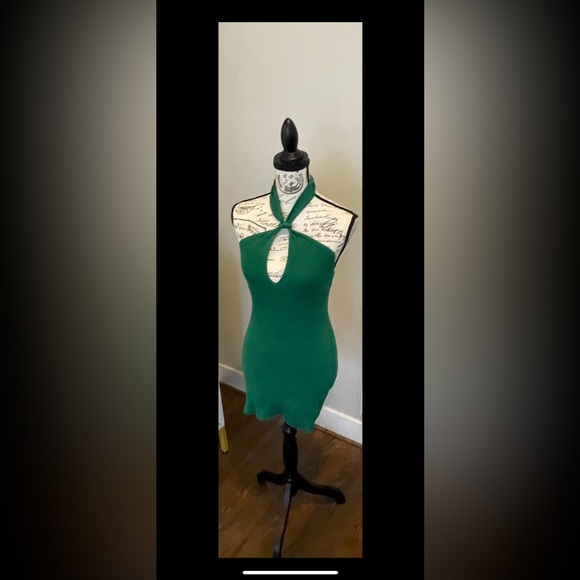 Green Ribbed Knit Crossover Halter Bodycon Mini Dress Women's Small AJ Luxury - Picture 7 of 9